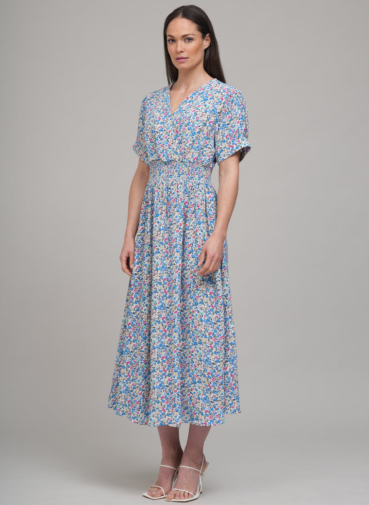 PRIMROSE SHORT SLEEVE DRAPEY MIDI SHIRT DRESS IN FLORAL BLUE