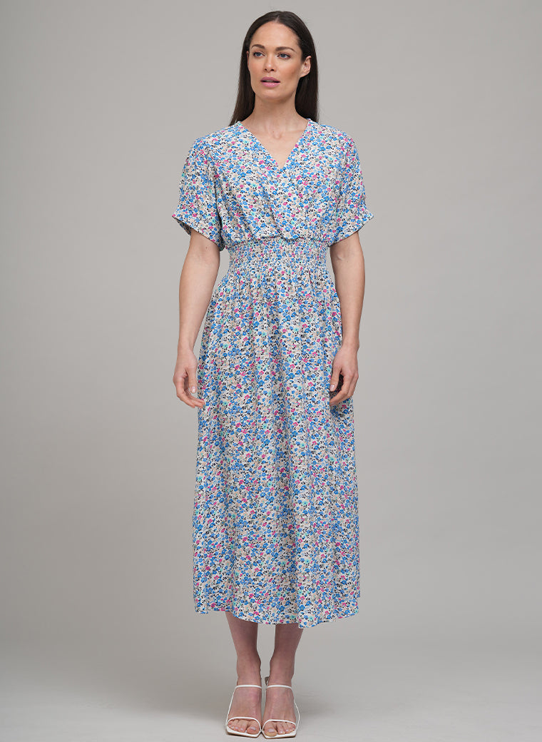PRIMROSE SHORT SLEEVE DRAPEY MIDI SHIRT DRESS IN FLORAL BLUE