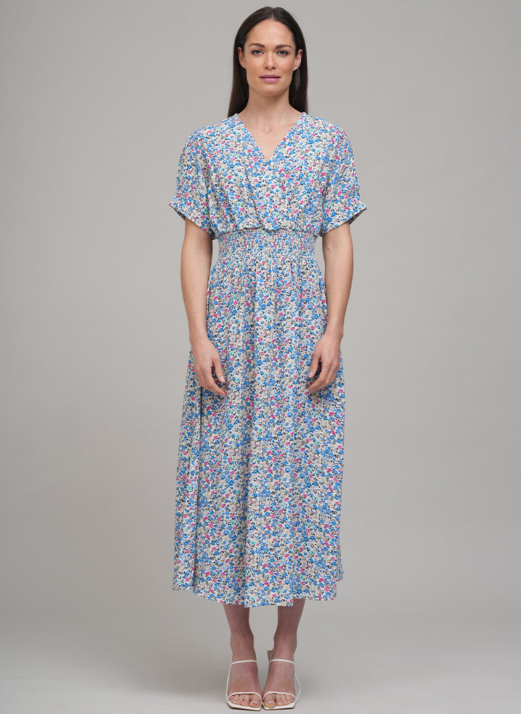 PRIMROSE SHORT SLEEVE DRAPEY MIDI SHIRT DRESS IN FLORAL BLUE