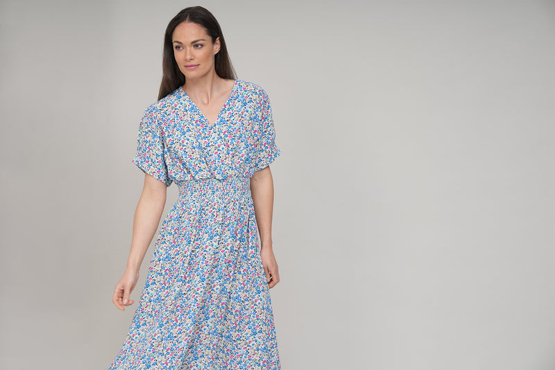 PRIMROSE SHORT SLEEVE DRAPEY MIDI SHIRT DRESS IN FLORAL BLUE