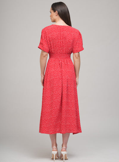 PRIMROSE SHORT SLEEVE MIDI SHIRT DRESS IN RED POLKA DOT