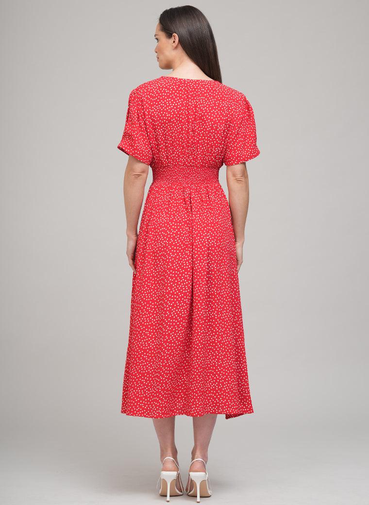 PRIMROSE SHORT SLEEVE MIDI SHIRT DRESS IN RED POLKA DOT