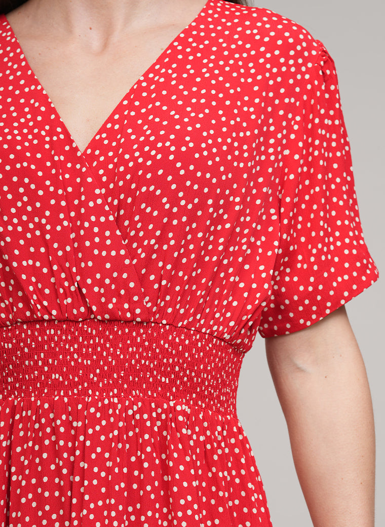 PRIMROSE SHORT SLEEVE MIDI SHIRT DRESS IN RED POLKA DOT