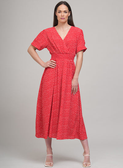 PRIMROSE SHORT SLEEVE MIDI SHIRT DRESS IN RED POLKA DOT