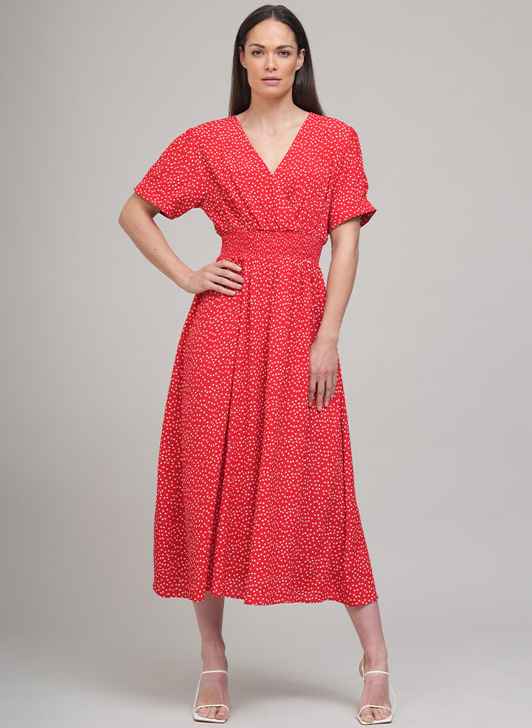 PRIMROSE SHORT SLEEVE MIDI SHIRT DRESS IN RED POLKA DOT