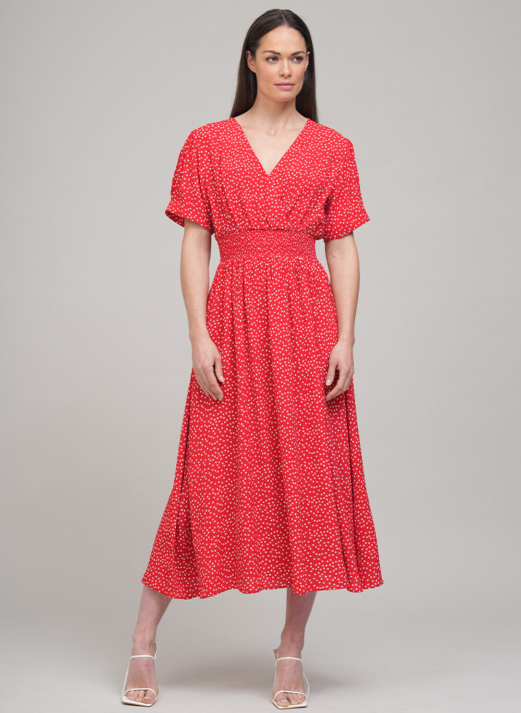 PRIMROSE SHORT SLEEVE MIDI SHIRT DRESS IN RED POLKA DOT