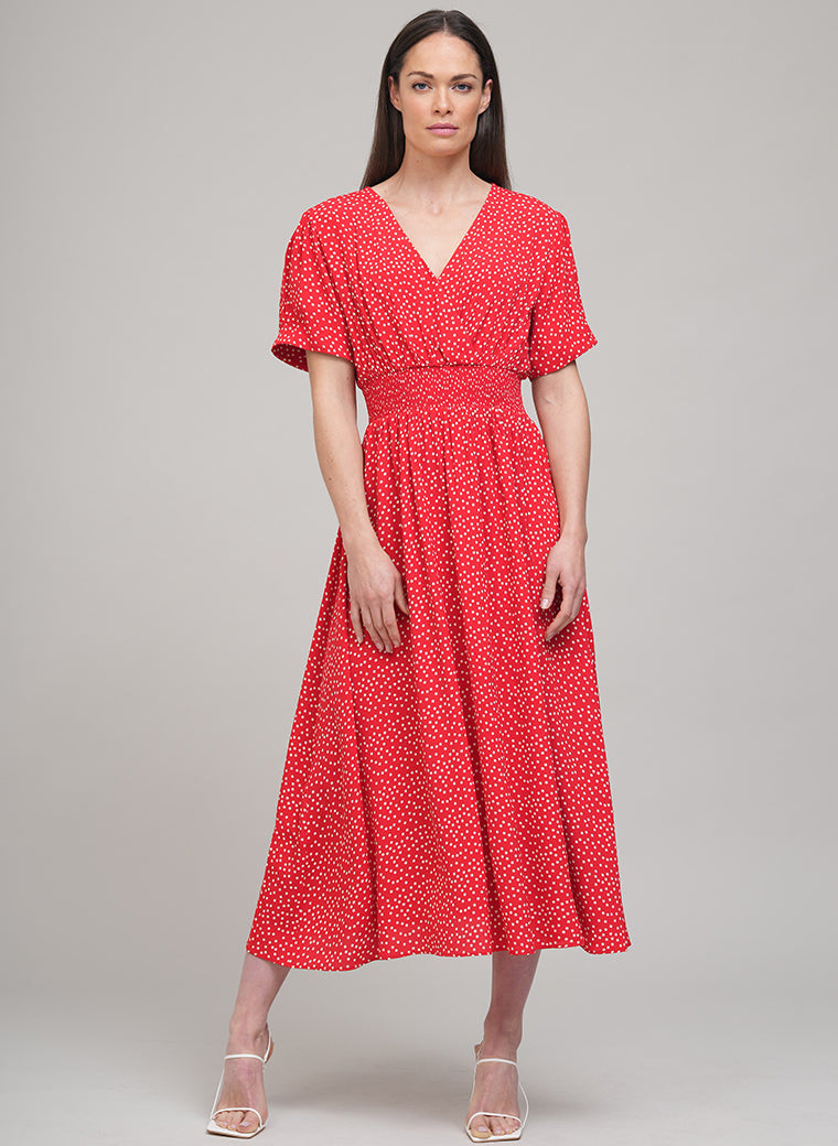 PRIMROSE SHORT SLEEVE MIDI SHIRT DRESS IN RED POLKA DOT