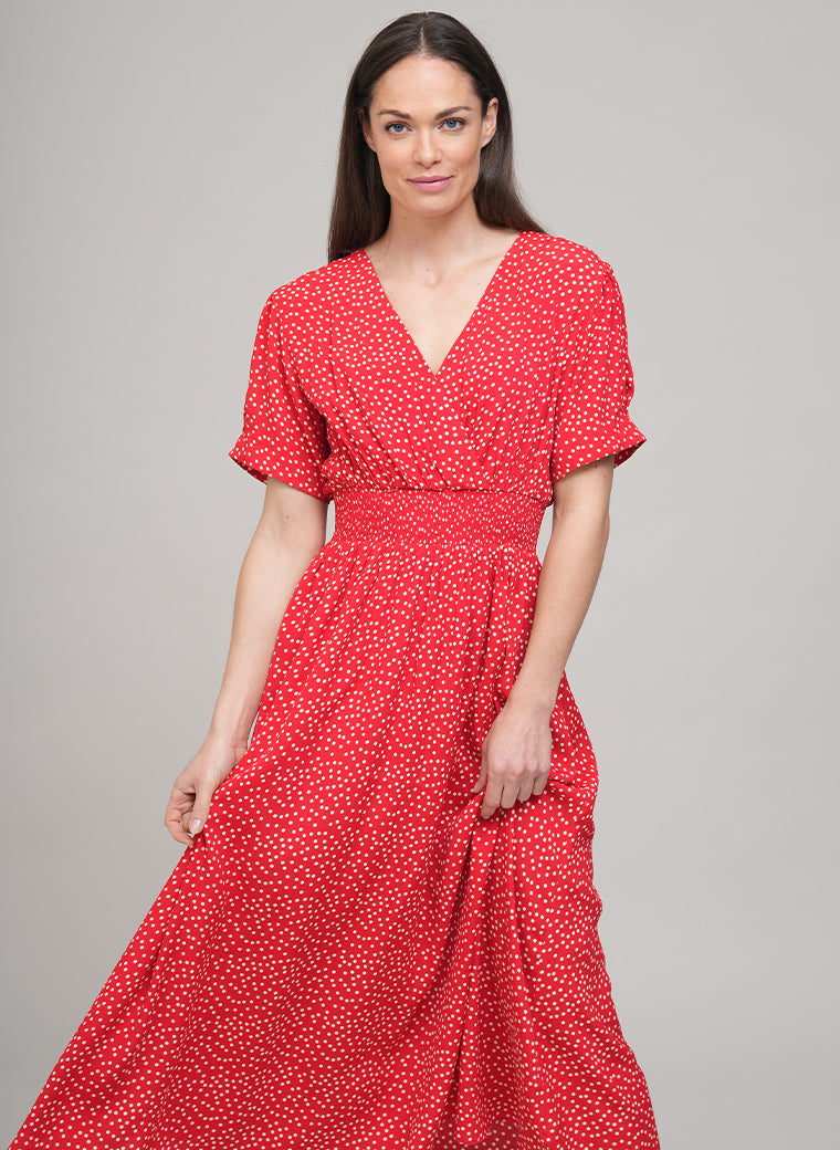 PRIMROSE SHORT SLEEVE MIDI SHIRT DRESS IN RED POLKA DOT