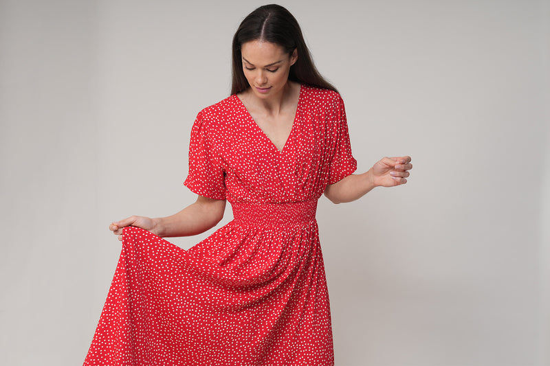 PRIMROSE SHORT SLEEVE MIDI SHIRT DRESS IN RED POLKA DOT