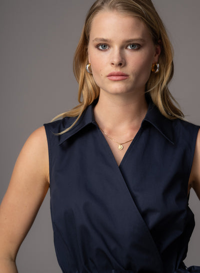 San Remo Navy Sleeveless Crossover Midi Shirt Dress