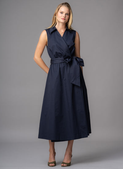 San Remo Navy Sleeveless Crossover Midi Shirt Dress