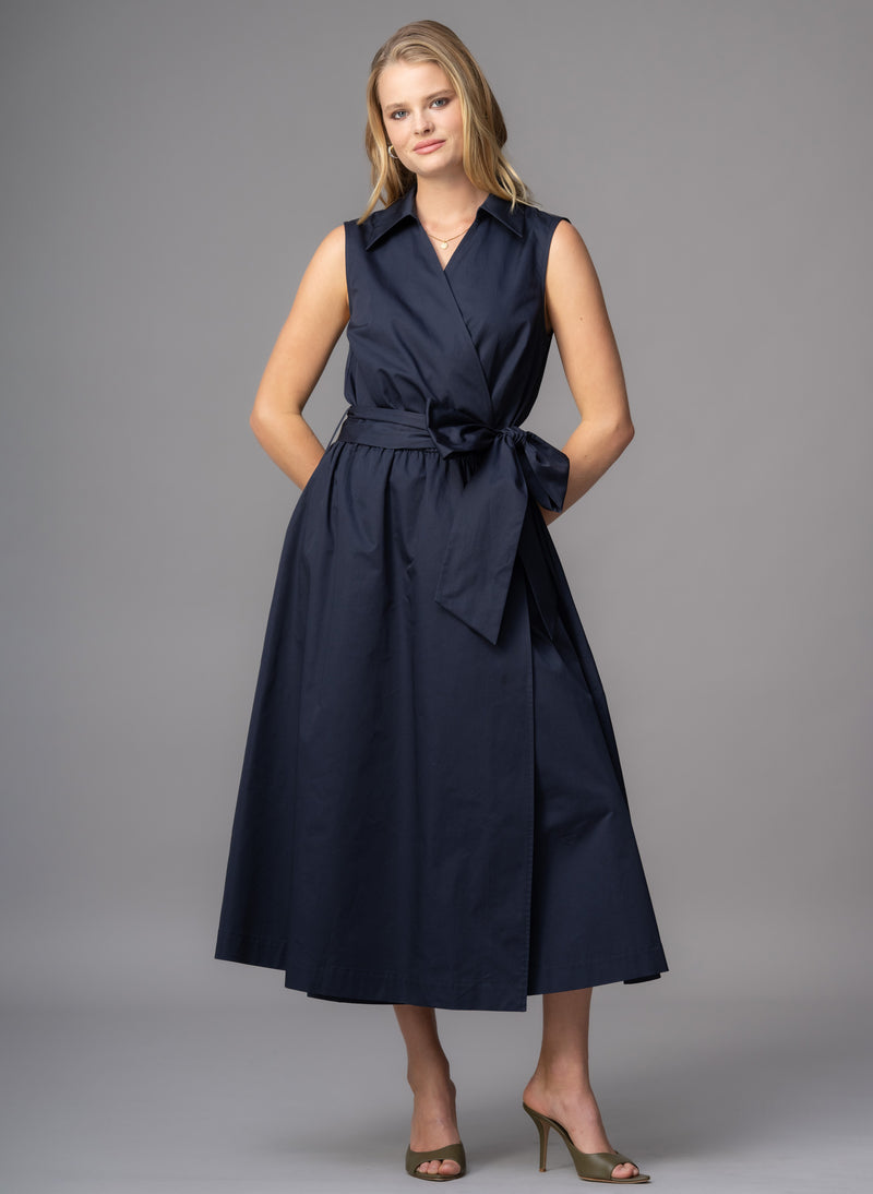 San Remo Navy Sleeveless Crossover Midi Shirt Dress