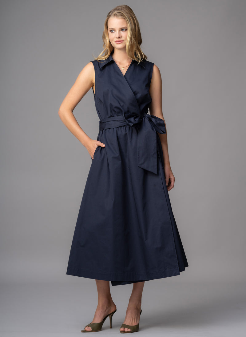 San Remo Navy Sleeveless Crossover Midi Shirt Dress