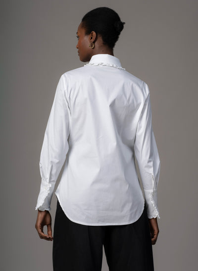 Sandrea White Le Smoking Semi Tailored Shirt with Frill Trim