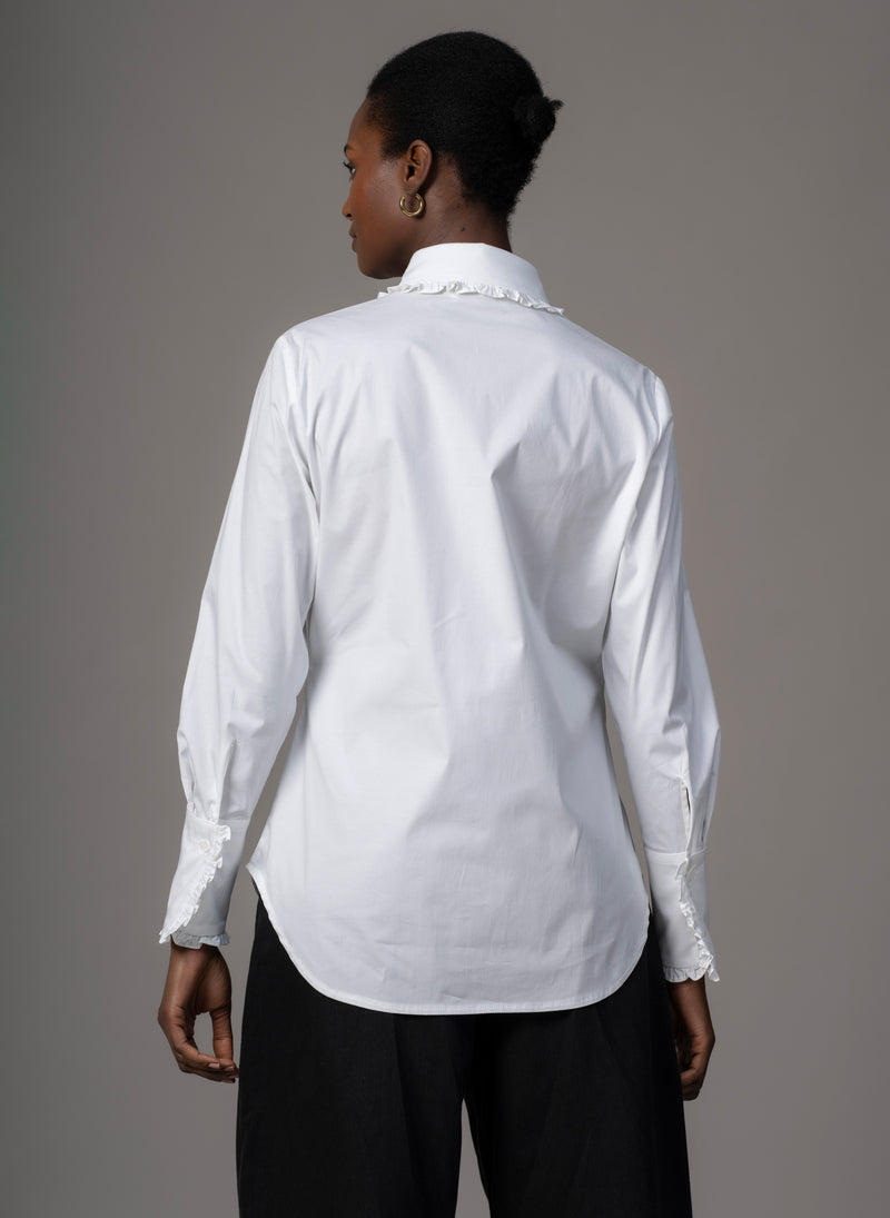 Sandrea White Le Smoking Semi Tailored Shirt with Frill Trim