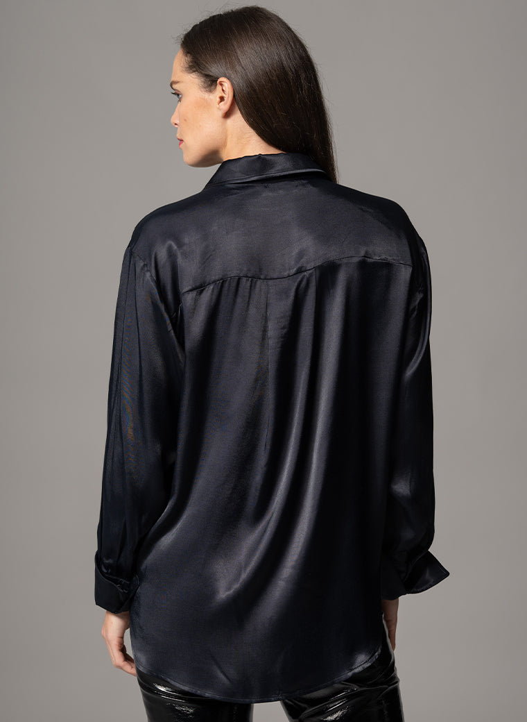 SHEENA BLACK OVERSIZED DRAPE SATIN EVERYDAY BLOUSE