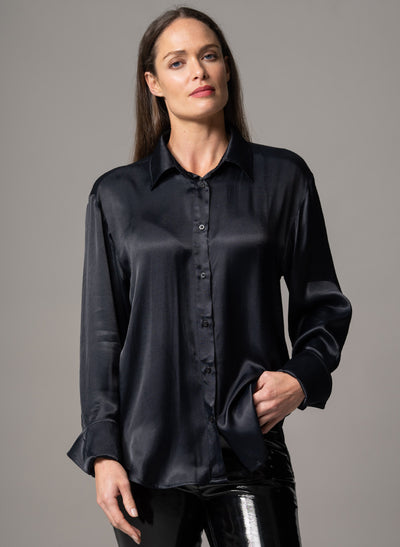 SHEENA BLACK OVERSIZED DRAPE SATIN EVERYDAY BLOUSE