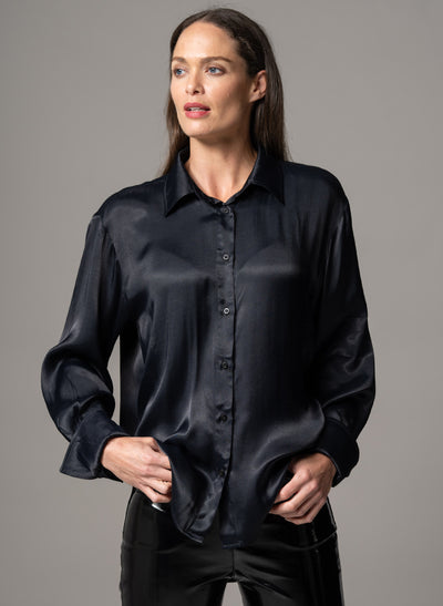 SHEENA BLACK OVERSIZED DRAPE SATIN EVERYDAY BLOUSE