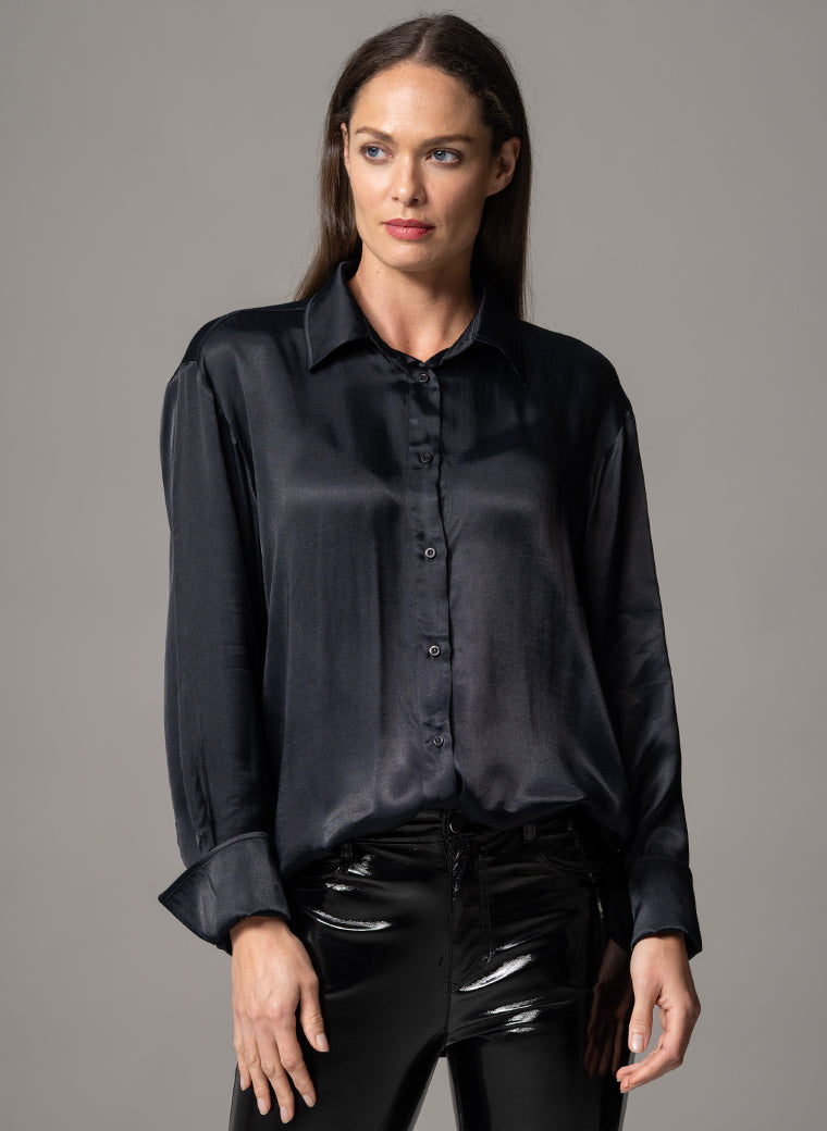 SHEENA BLACK OVERSIZED DRAPE SATIN EVERYDAY BLOUSE