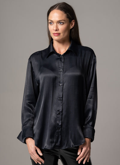 SHEENA BLACK OVERSIZED DRAPE SATIN EVERYDAY BLOUSE