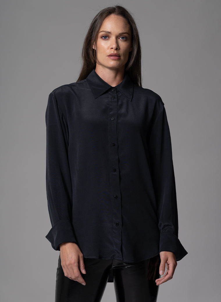 SHEENA BLACK OVERSIZED SILK CREPE DE CHINE EVERYDAY BLOUSE