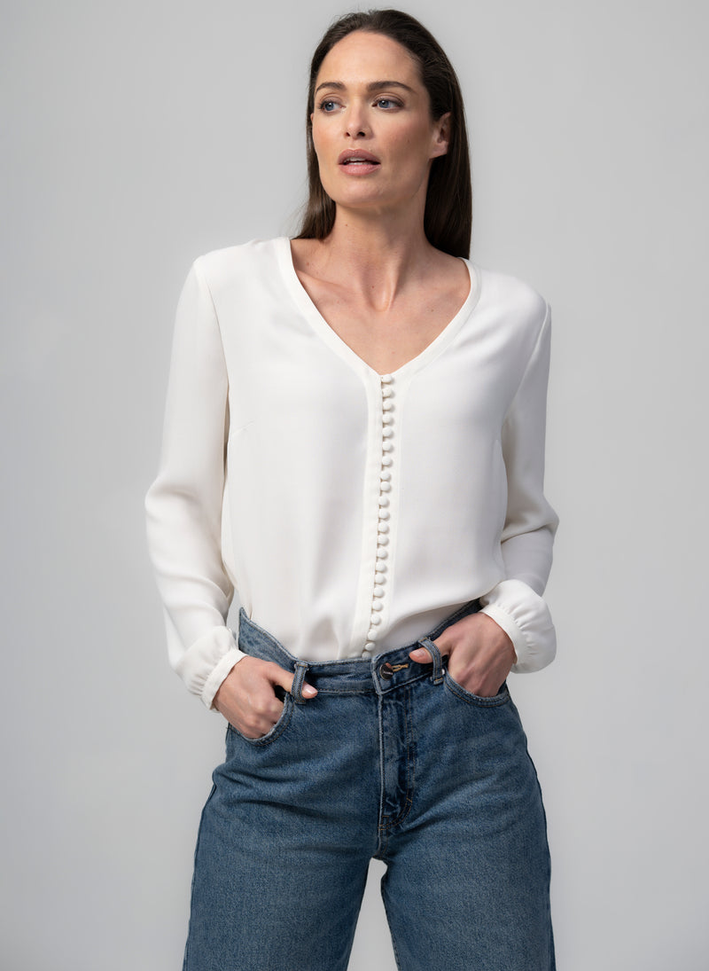 Sophie V-Neck Loose Fit Ivory Blouse