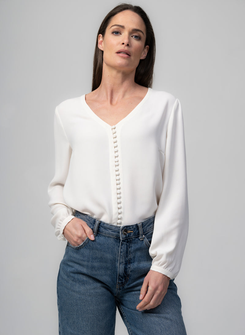 Sophie V-Neck Loose Fit Ivory Blouse