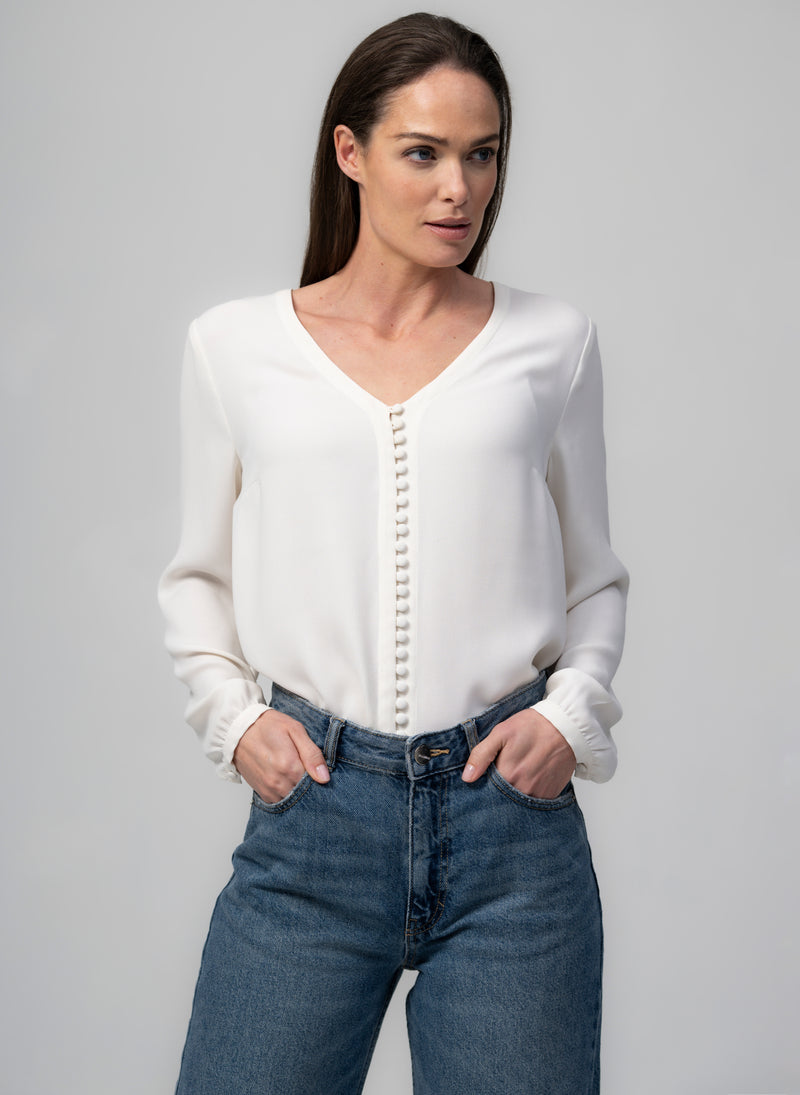 Sophie V-Neck Loose Fit Ivory Blouse