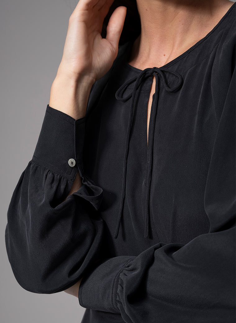 SORAYA BLACK CONTEMPORARY SANDWASHED CREPE SILK BLOUSE