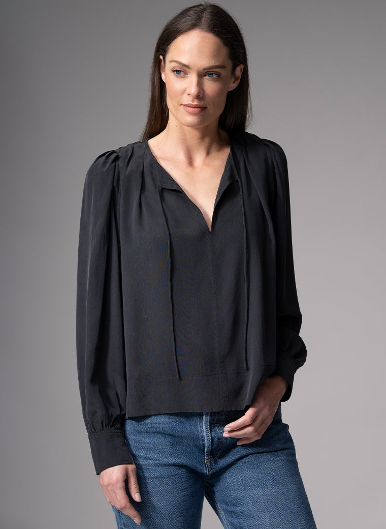 SORAYA BLACK CONTEMPORARY SANDWASHED CREPE SILK BLOUSE