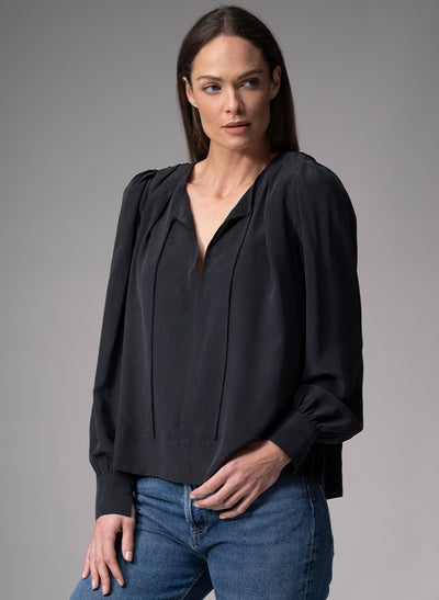 SORAYA BLACK CONTEMPORARY SANDWASHED CREPE SILK BLOUSE