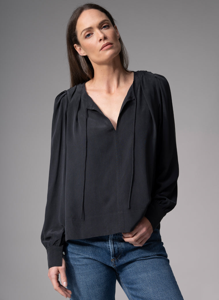 SORAYA BLACK CONTEMPORARY SANDWASHED CREPE SILK BLOUSE