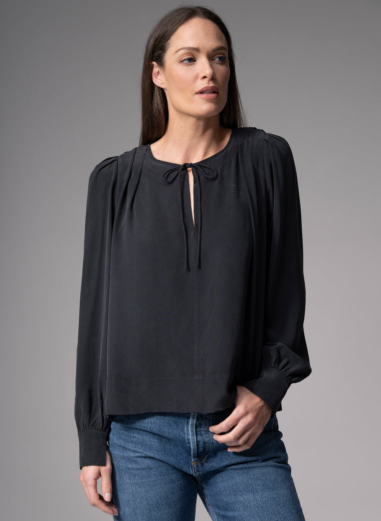 SORAYA BLACK CONTEMPORARY SANDWASHED CREPE SILK BLOUSE