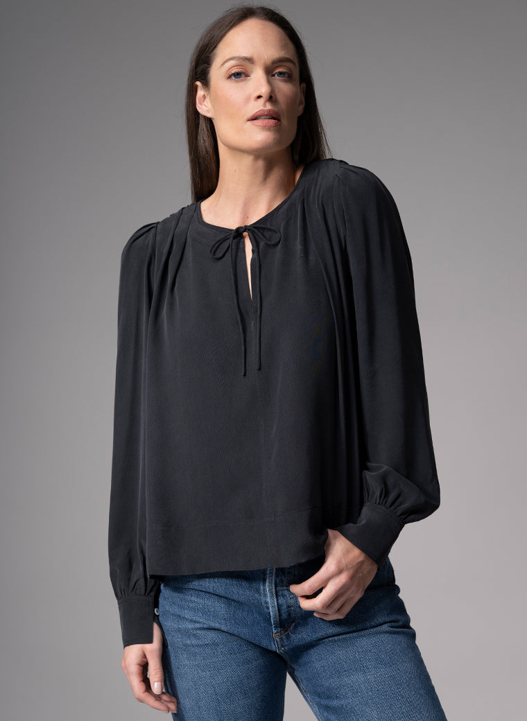 SORAYA BLACK CONTEMPORARY SANDWASHED CREPE SILK BLOUSE