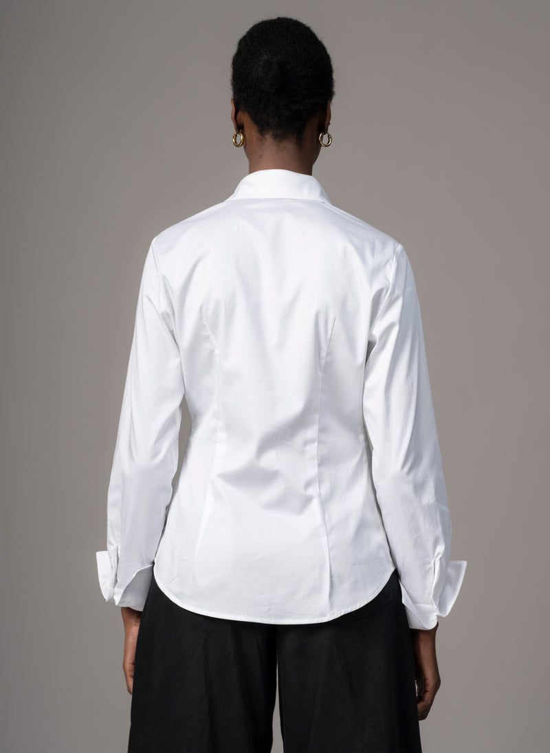Stella White Darted Waist V-Neck Cotton Shirt