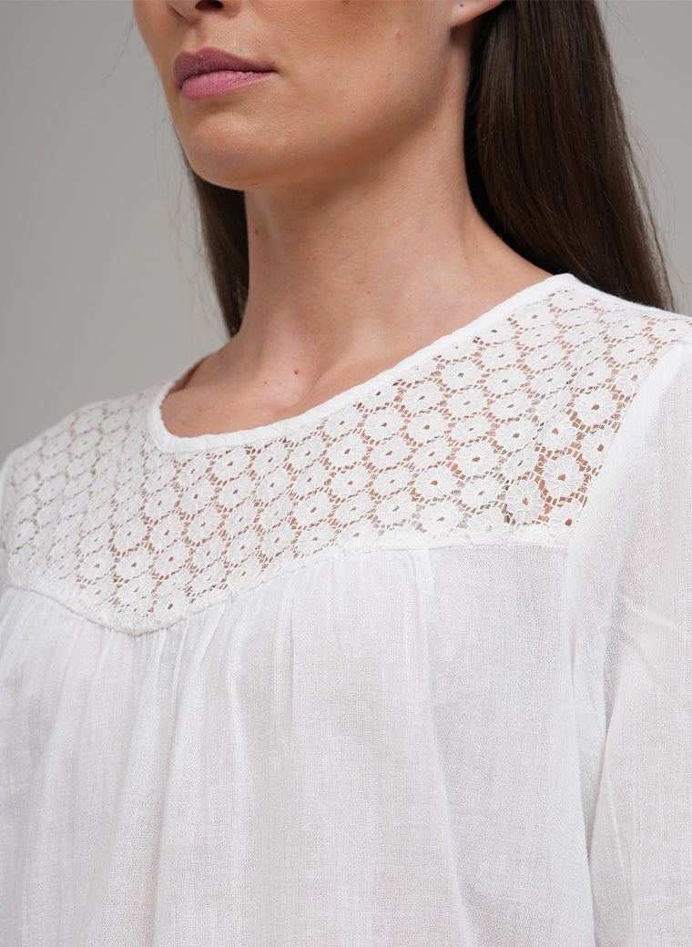 SUSAN WHITE COTTON AND BRODERIE ANGLAISE BRACELET SLEEVE BLOUSE