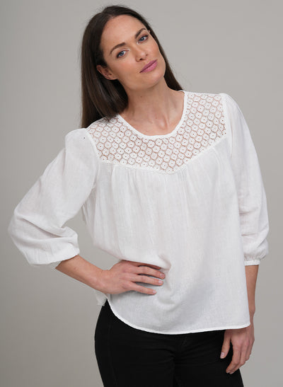 SUSAN WHITE COTTON AND BRODERIE ANGLAISE BRACELET SLEEVE BLOUSE