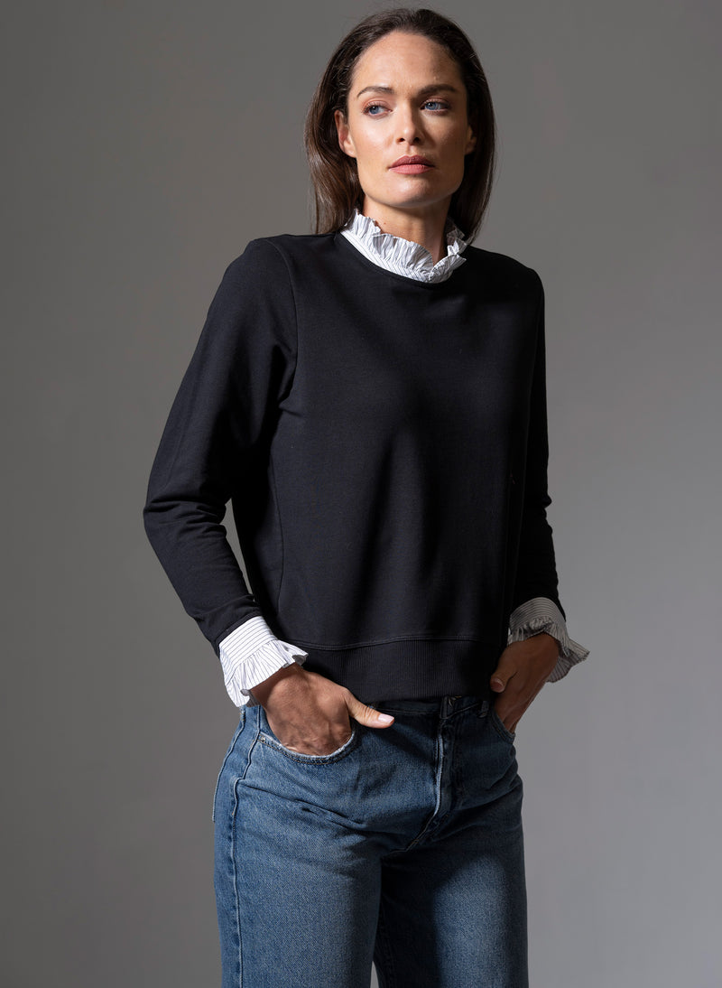 Thea Black with Black & White Stripe Trim Sweatshirt