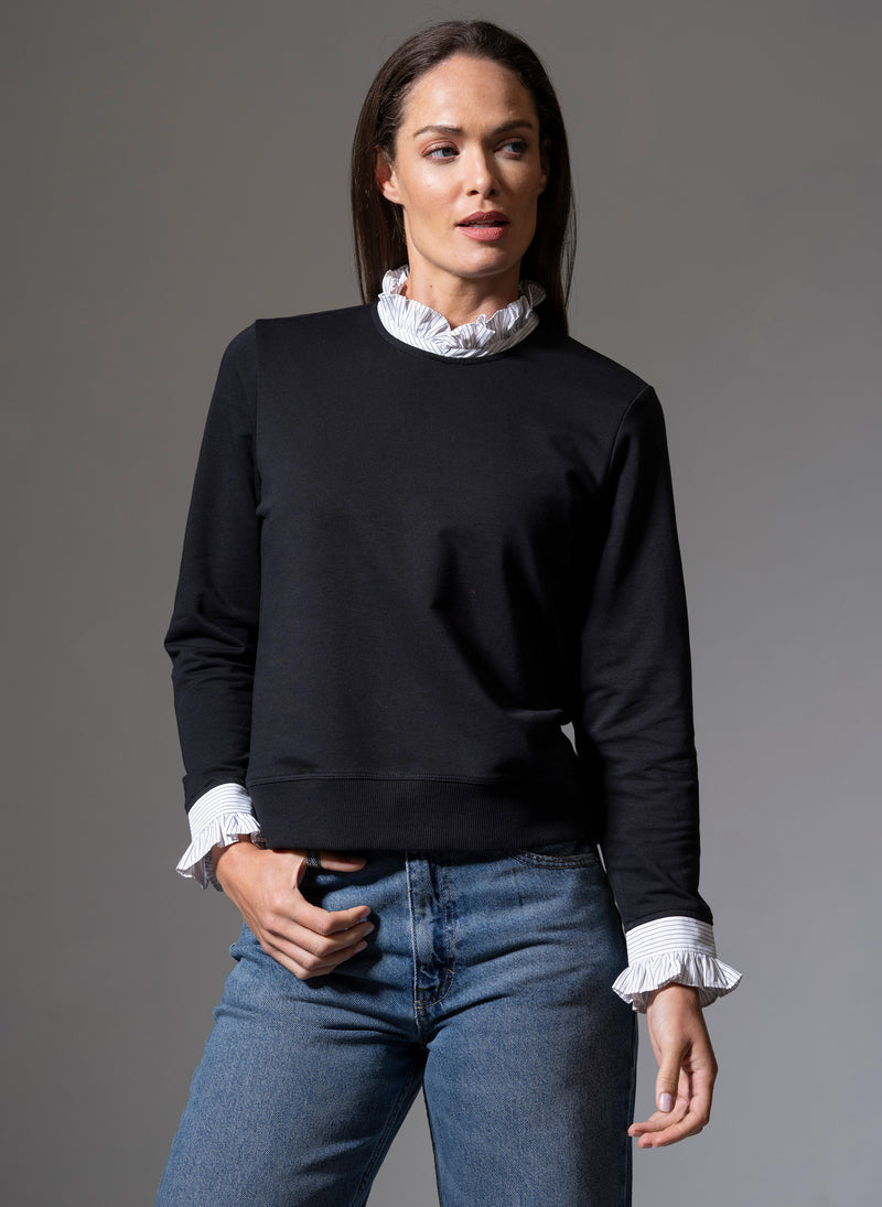 Thea Black with Black & White Stripe Trim Sweatshirt