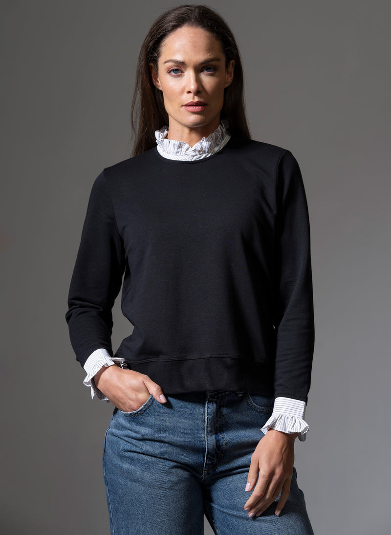 Thea Black with Black & White Stripe Trim Sweatshirt