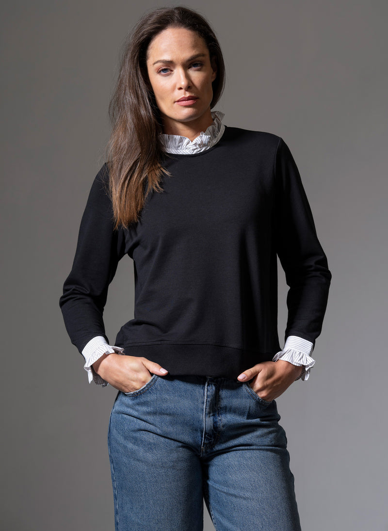 Thea Black with Black & White Stripe Trim Sweatshirt