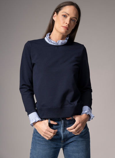 THEA SHIRT SWEATER IN NAVY WITH BLUE & WHITE STRIPE COTTON TRIM