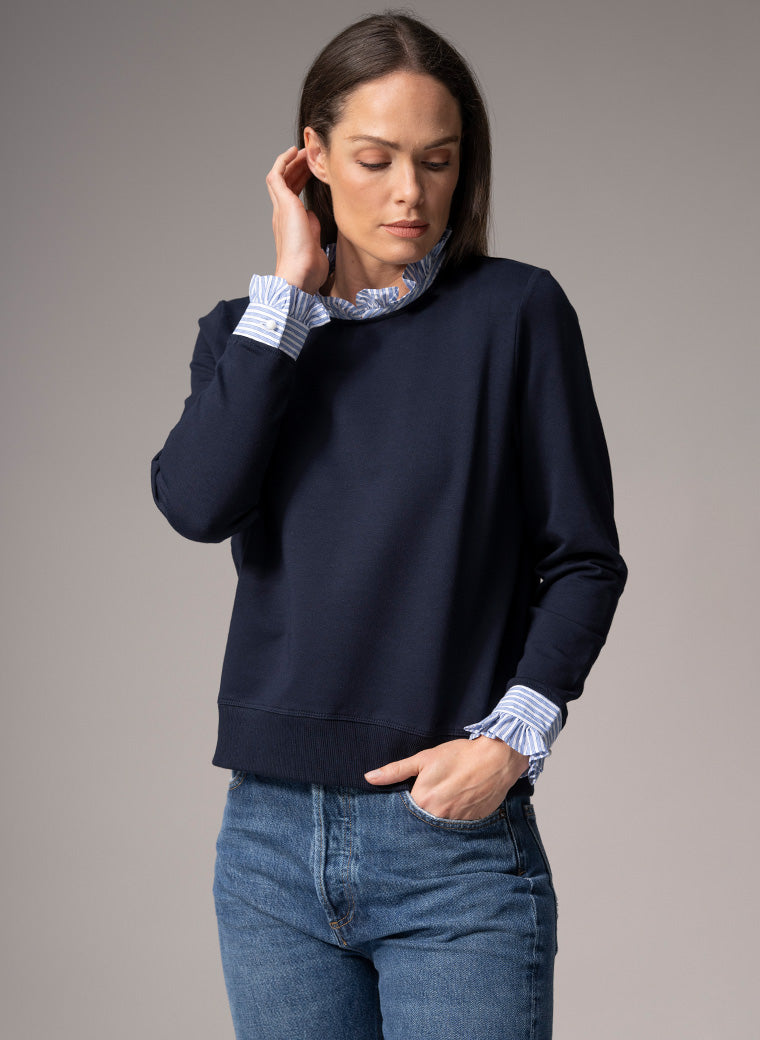 THEA SHIRT SWEATER IN NAVY WITH BLUE & WHITE STRIPE COTTON TRIM