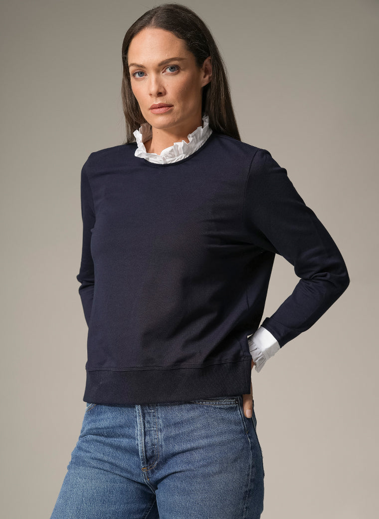 THEA SHIRT SWEATER IN NAVY WITH WHITE COTTON TRIM