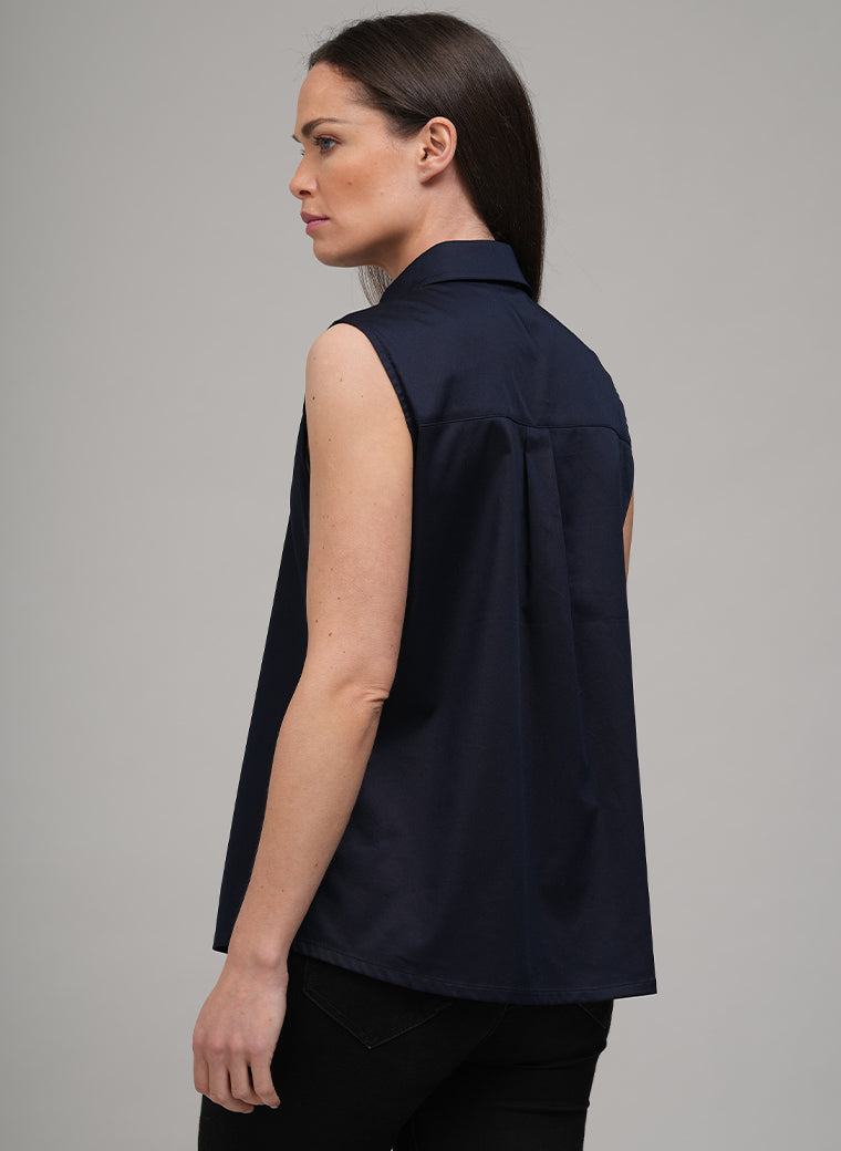 TORY SLEEVELESS BASIC SLEEVELESS COTTON SHIRT IN NAVY