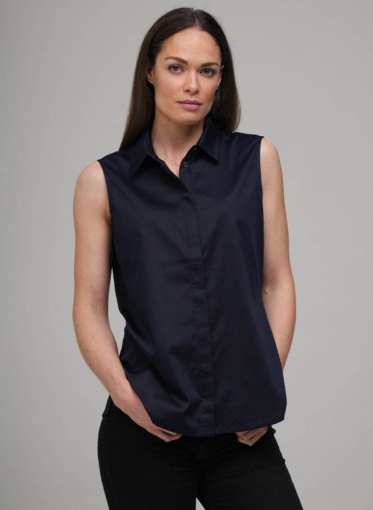 TORY SLEEVELESS BASIC SLEEVELESS COTTON SHIRT IN NAVY