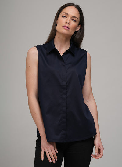 TORY SLEEVELESS BASIC SLEEVELESS COTTON SHIRT IN NAVY