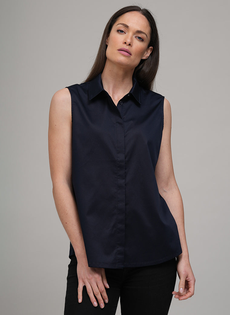 TORY SLEEVELESS BASIC SLEEVELESS COTTON SHIRT IN NAVY
