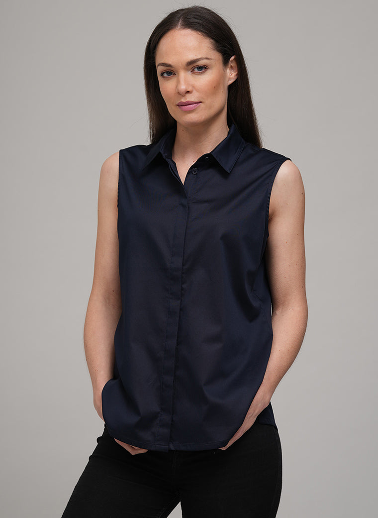 TORY SLEEVELESS BASIC SLEEVELESS COTTON SHIRT IN NAVY