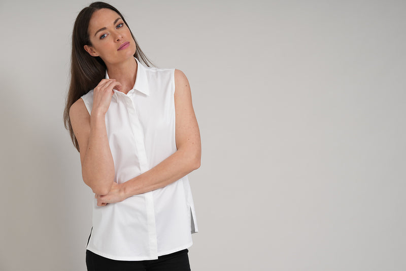 TORY SLEEVELESS BASIC SLEEVELESS COTTON SHIRT IN WHITE